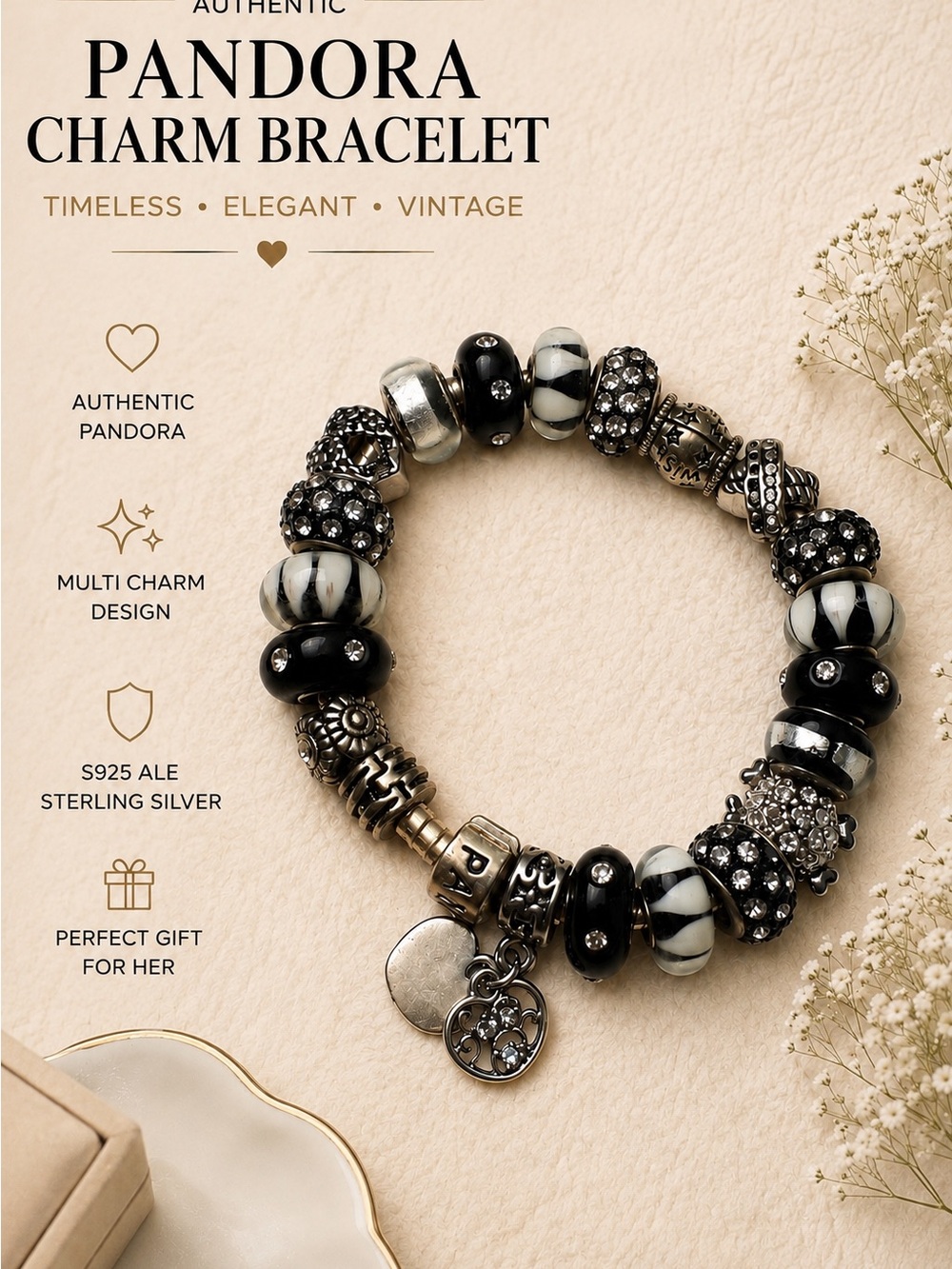 Pandora S925 ALE Black & White Charm Bracelet | CZ | Murano Glass | Gift